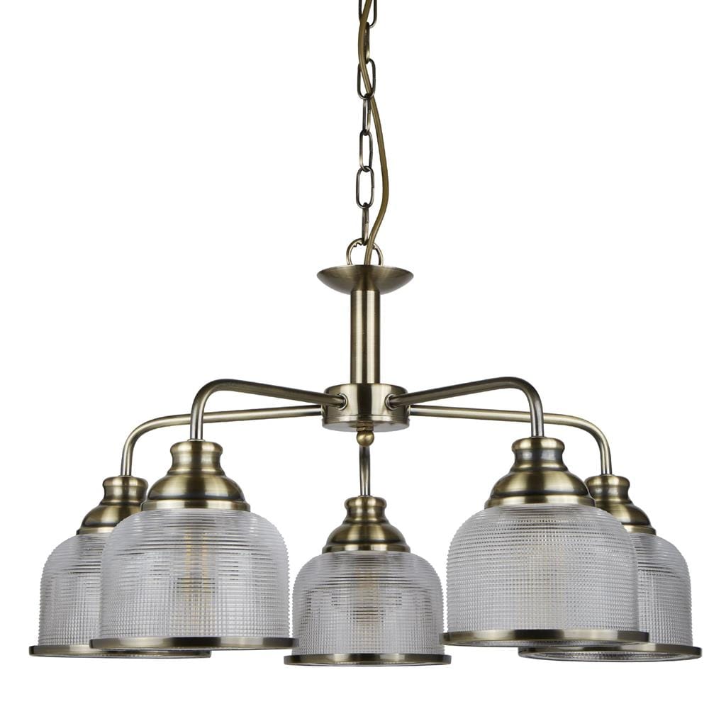 Searchlight Bistro II 5Lt Pendant -Antique Brass & Holophane Style Glass 1685-5AB