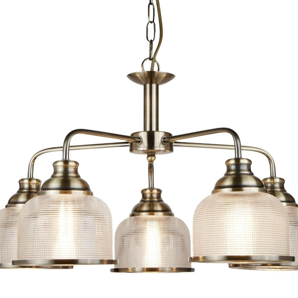 Searchlight Bistro II 5Lt Pendant -Antique Brass & Holophane Style Glass 1685-5AB