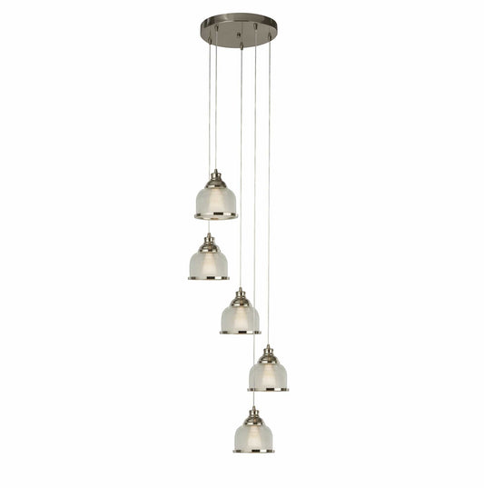 Searchlight Bistro II 5Lt Pendant - Satin Silver & Holophane Style Glass 1585-5SS