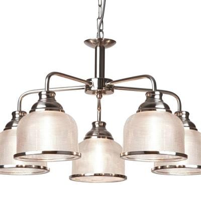 Searchlight Bistro II 5Lt Pendant- Satin Silver & Holophane Style Glass 1685-5SS