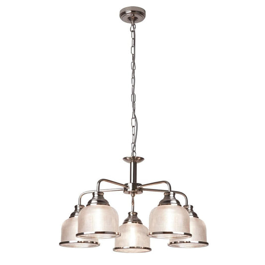 Searchlight Bistro II 5Lt Pendant- Satin Silver & Holophane Style Glass 1685-5SS