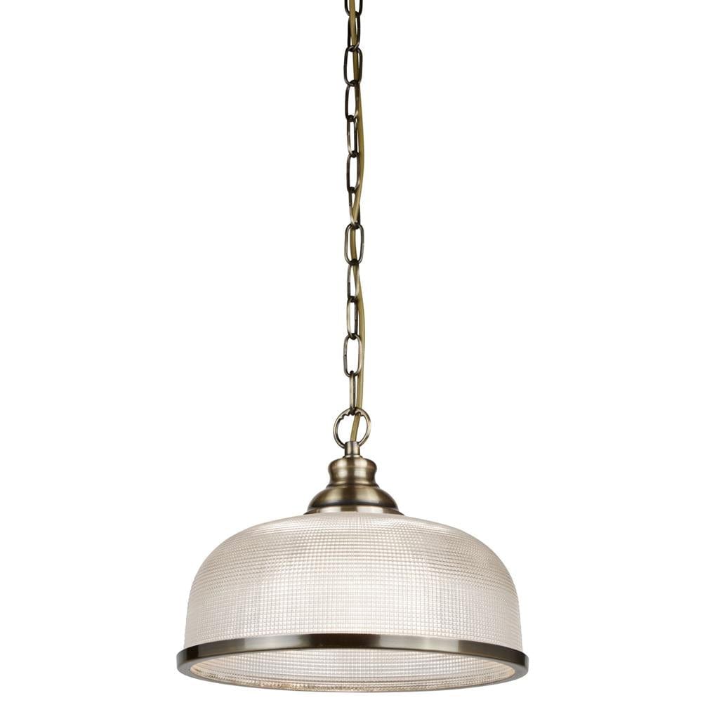 Searchlight Bistro II Pendant  - Antique Brass & Holophane Style Glass 1682AB