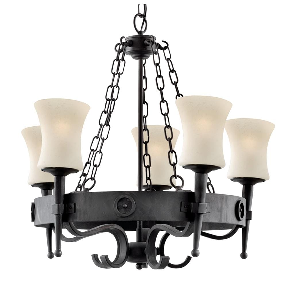 Searchlight Cartwheel 5Lt Pendant - Black Metal & Sanded Glass 0815-5BK