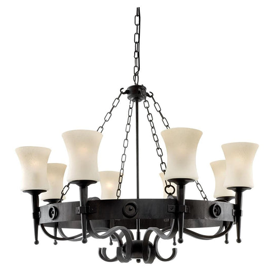 Searchlight Cartwheel 8Lt Pendant - Black Metal & Sanded Glass 0818-8BK