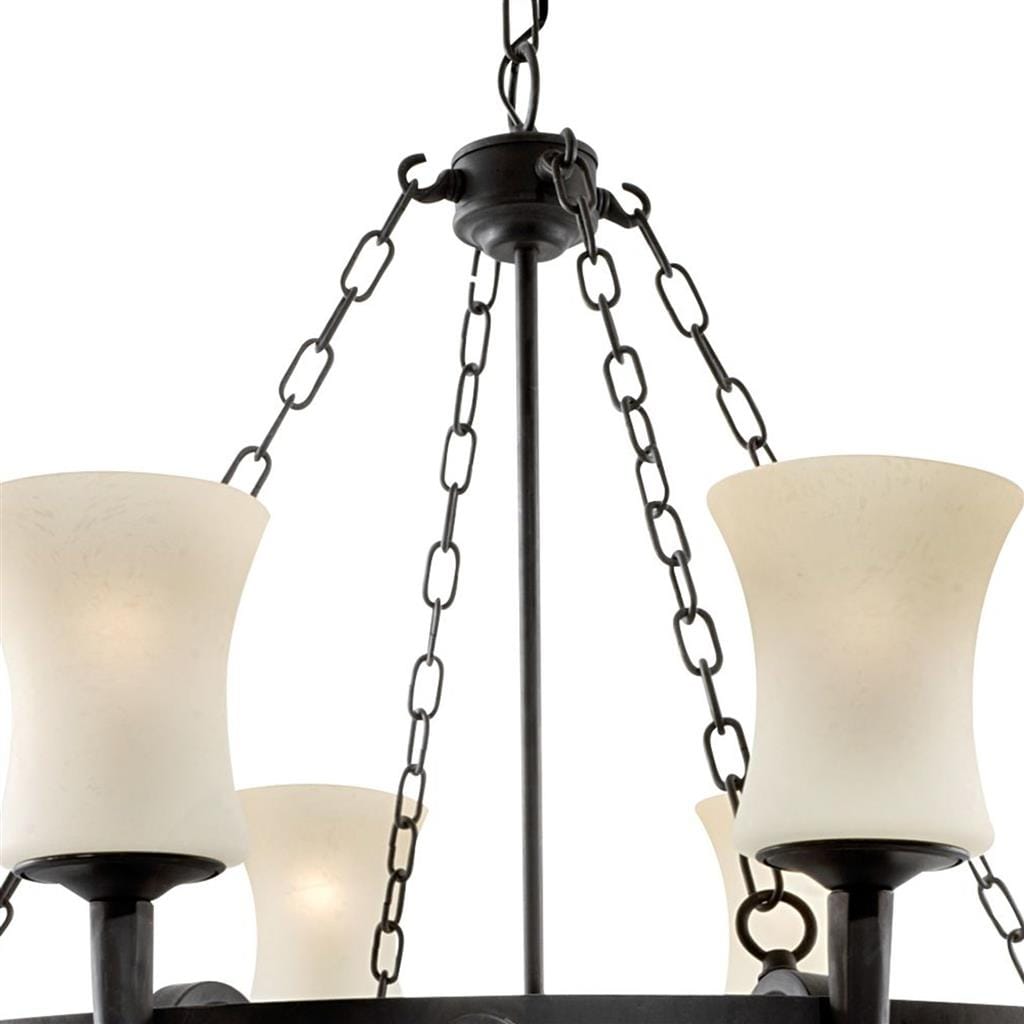 Searchlight Cartwheel 8Lt Pendant - Black Metal & Sanded Glass 0818-8BK