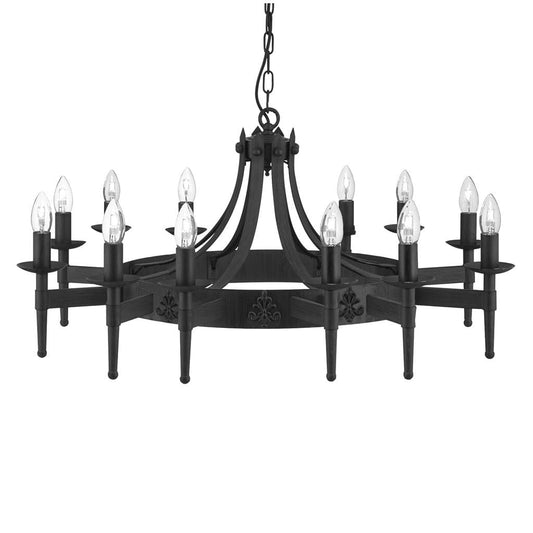 Searchlight Cartwheel II 12Lt Pendant - Black Wrought Iron 24212-12BK