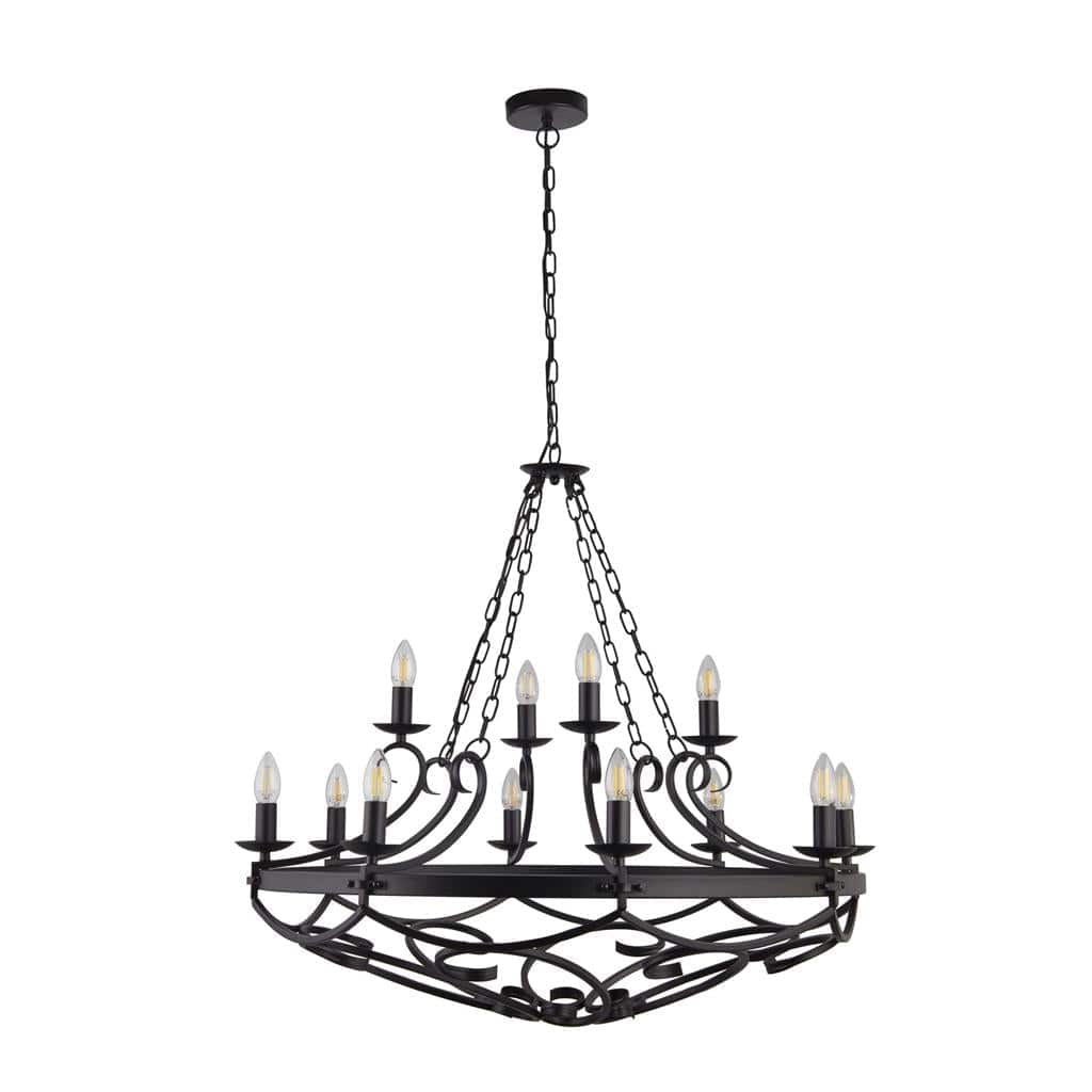 Searchlight Cartwheel III 12Lt Pendant - Black Wrought Iron 8912-12BK