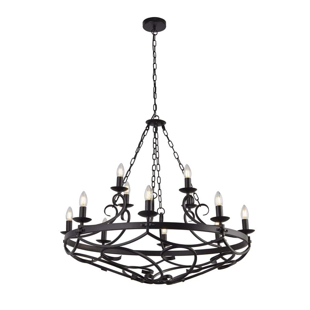 Searchlight Cartwheel III 12Lt Pendant - Black Wrought Iron 8912-12BK