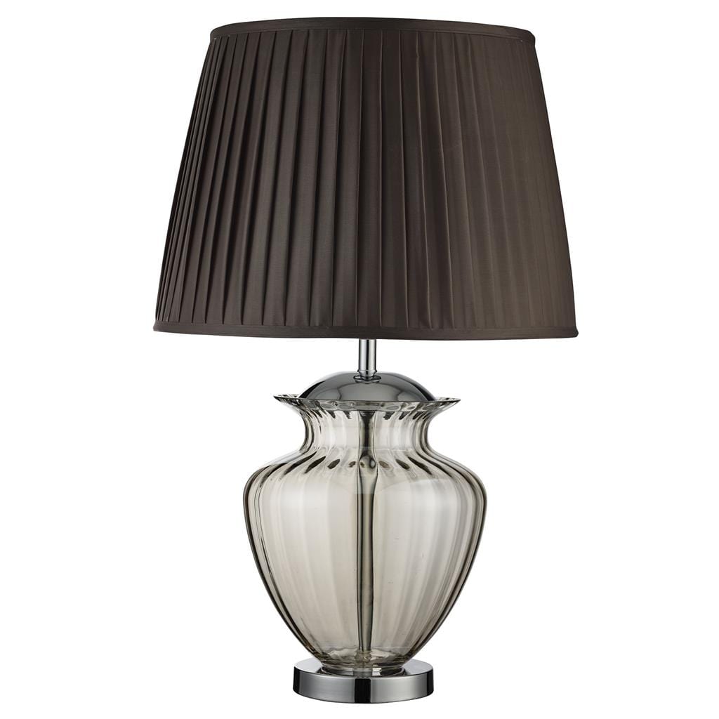 Searchlight Elina Table Lamp - Chrome Metal, Amber Glass & Brown Shade 8531AM