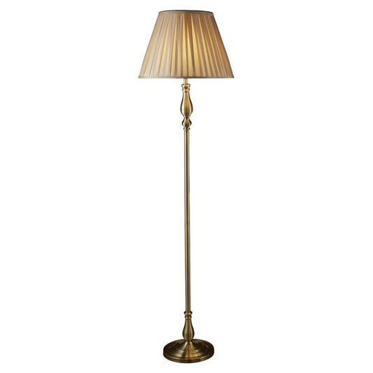 Searchlight Flemish Floor Lamp- Antique Brass Metal & Grey Pleated Shade 5029AB