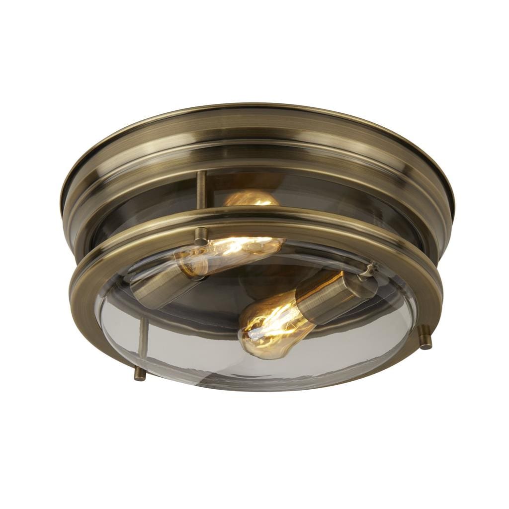 Searchlight Glasgow 2Lt Flush  - Antique Brass Metal & Clear Glass 5182AB