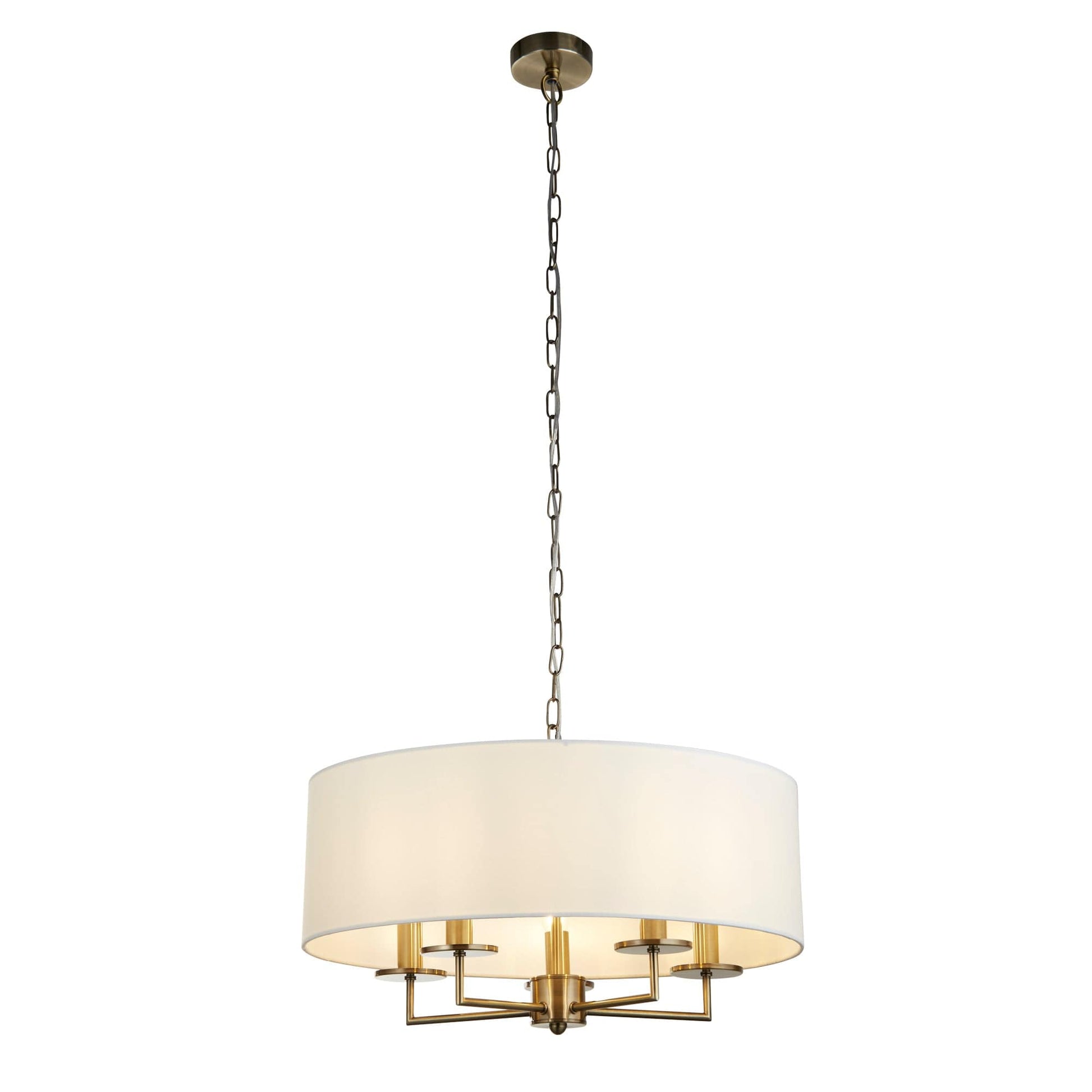 Searchlight Knightsbridge 5Lt Pendant- Antique Brass & White Linen Shade 4785-5AB