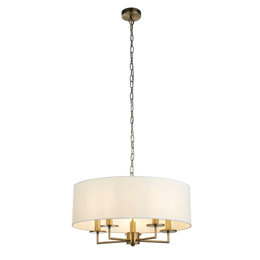 Searchlight Knightsbridge 5Lt Pendant- Antique Brass & White Linen Shade 4785-5AB