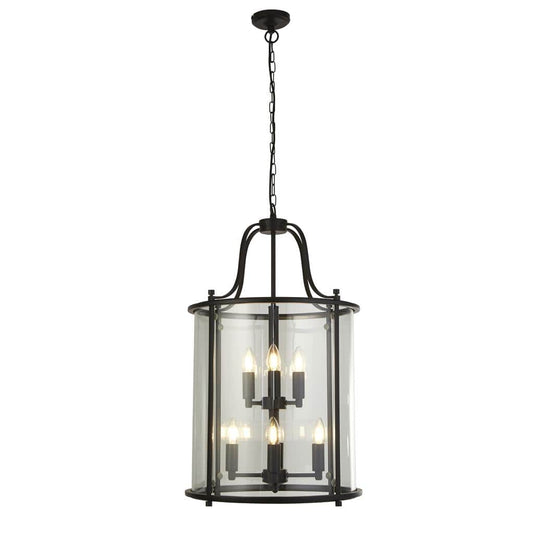 Searchlight Lantern Grande 8Lt Pendant - Black Metal & Glass 3068-8BK