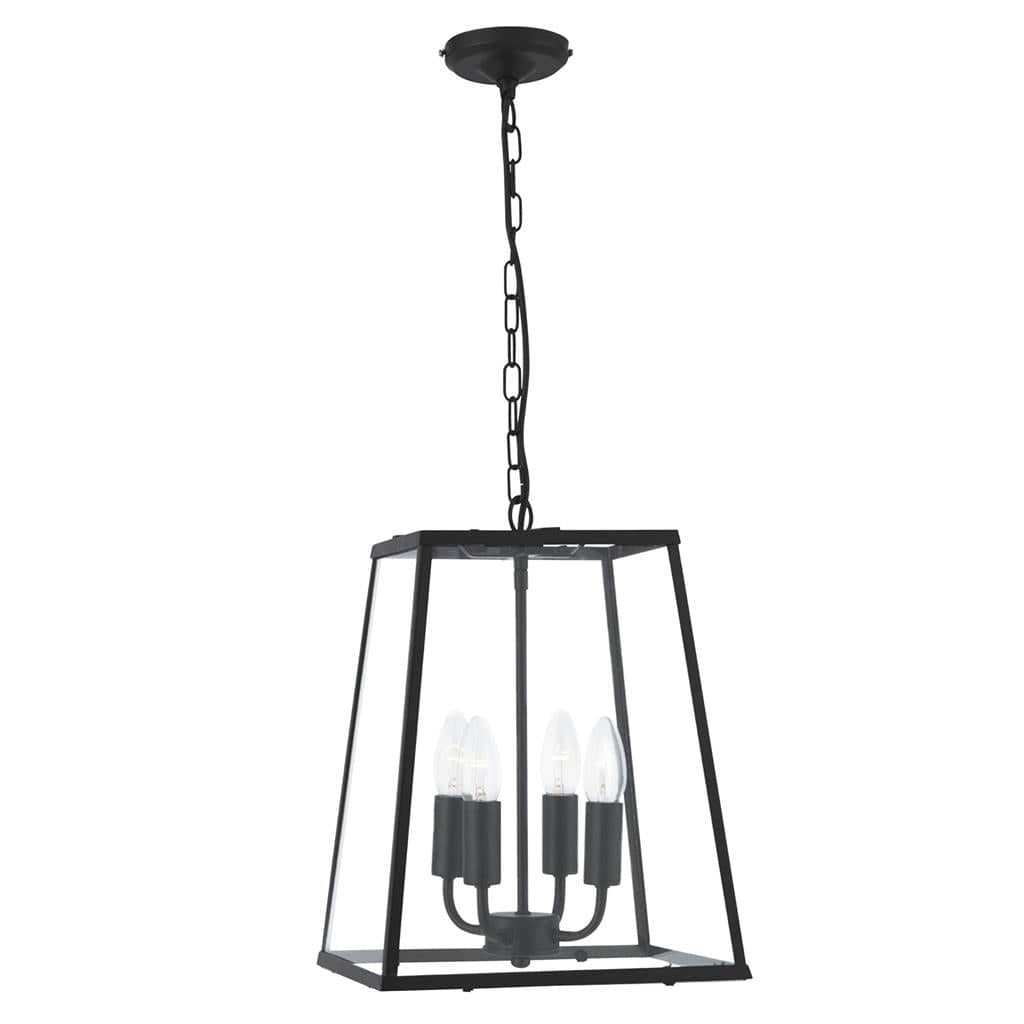 Searchlight Lantern Noir 4Lt Pendant  - Black Metal & Clear Glass 5614BK