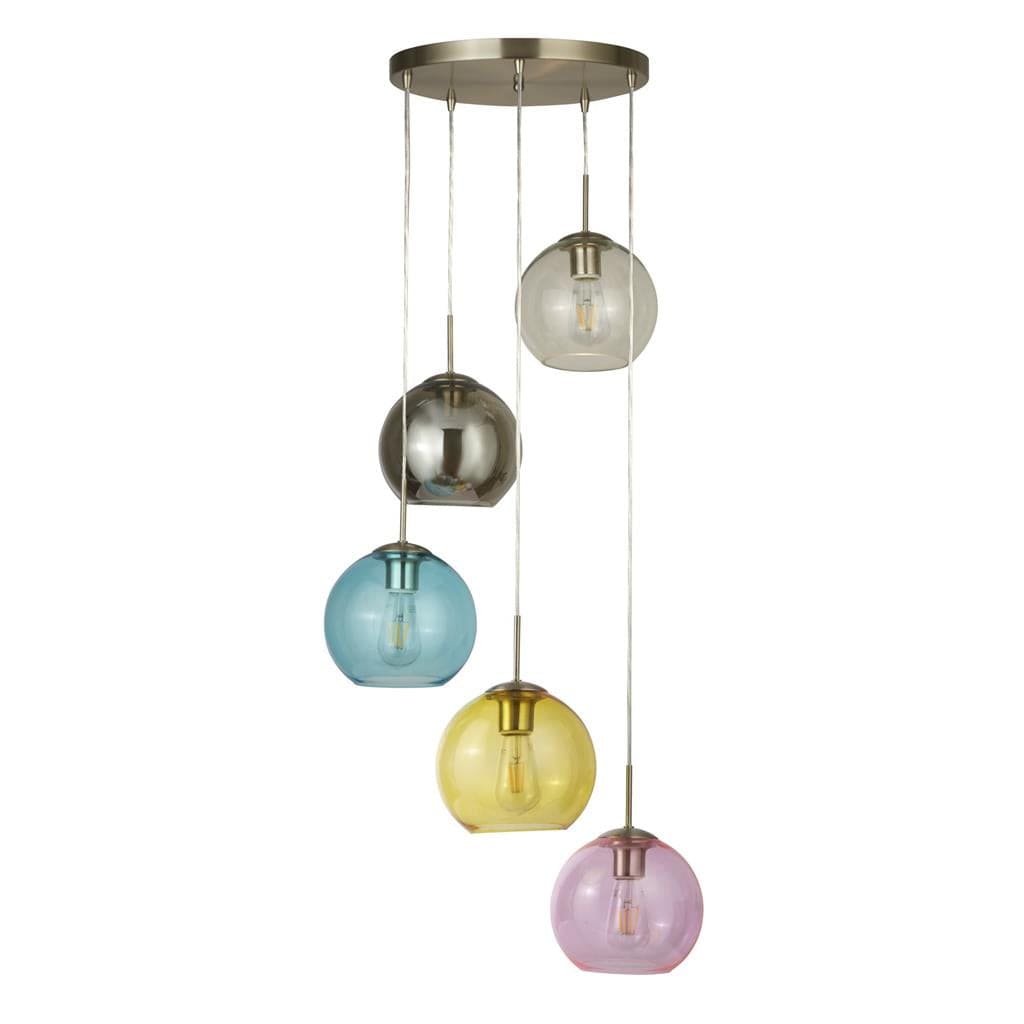 Searchlight Mardi Gras 5Lt Pendant - Satin Silver Metal & Coloured Glass 8135-5SS