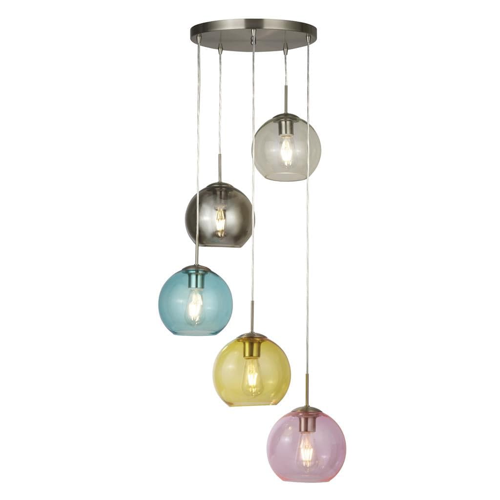 Searchlight Mardi Gras 5Lt Pendant - Satin Silver Metal & Coloured Glass 8135-5SS