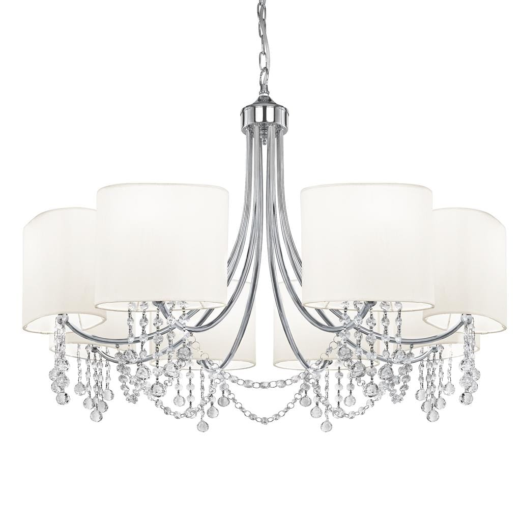 Searchlight Nina 8Lt Ceiling Pendant - Chrome, Crystal & White Shades 1058-8CC