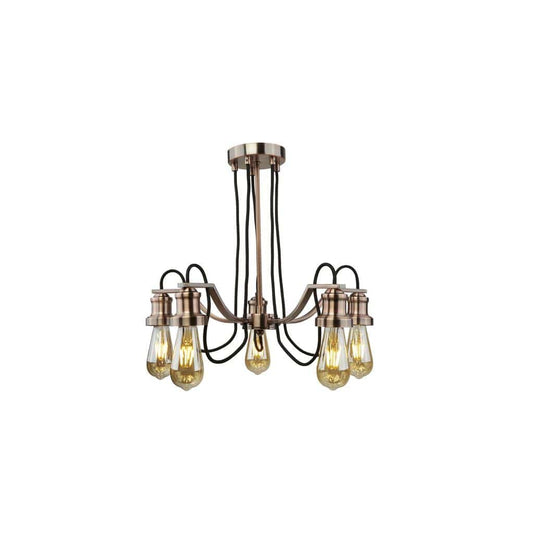 Searchlight Olivia 5Lt Pendant- Antique Copper Metal & Blk Braided Cable 1065-5CU