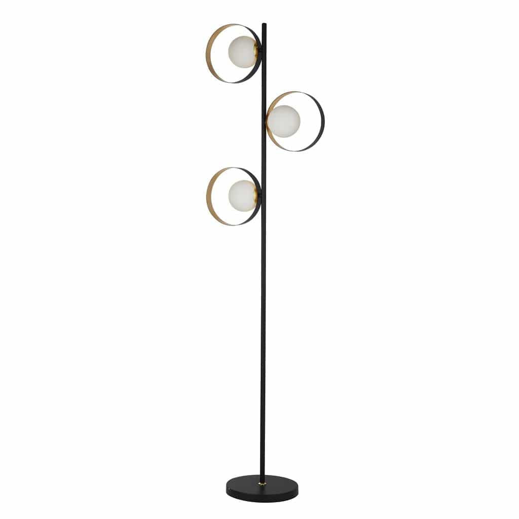 Searchlight Orbital Floor Lamp - Black Metal, Gold Leaf & Opal Glass 8143BGO