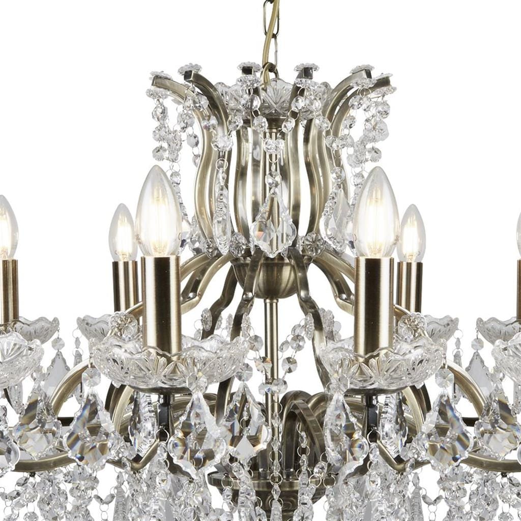 Searchlight Paris 12Lt Chandelier - Antique Brass Metal & Clear Crystal 87312-12AB