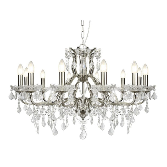 Searchlight Paris 12Lt Chandelier - 
Satin Silver & Clear Crystal Drops 87312-12SS