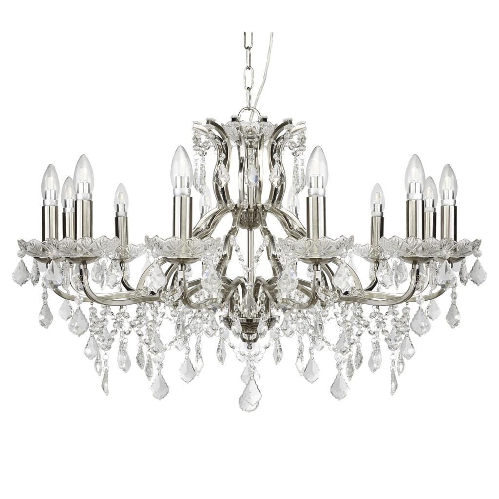 Searchlight Paris 12Lt Chandelier - 
Satin Silver & Clear Crystal Drops 87312-12SS