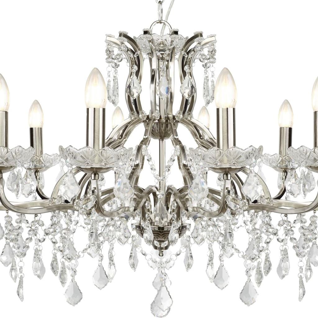 Searchlight Paris 12Lt Chandelier - 
Satin Silver & Clear Crystal Drops 87312-12SS