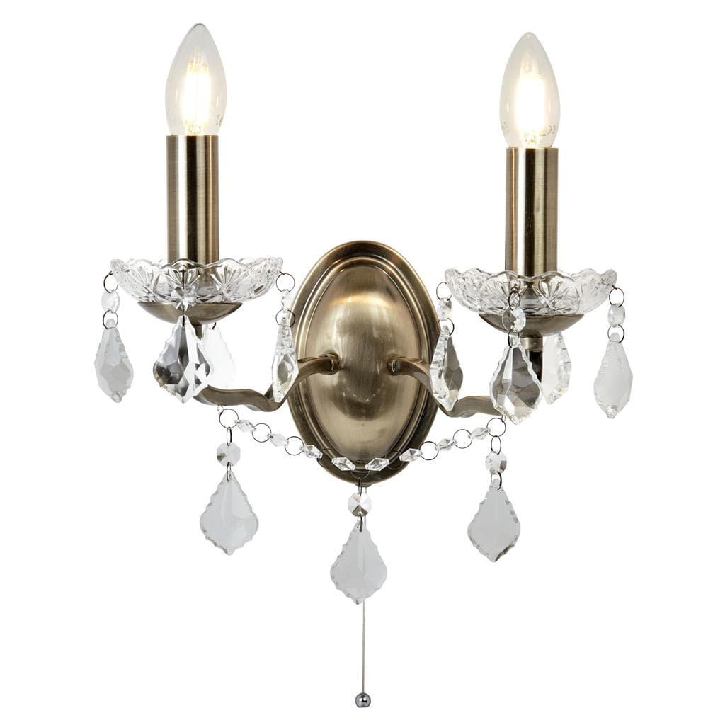 Searchlight Paris 2Lt Wall Light - Antique Brass Metal & Clear Crystal 8732-2AB