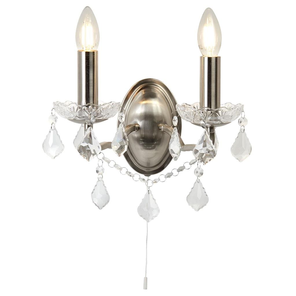 Searchlight Paris 2Lt Wall Light -
Satin Silver & Clear Crystal Drops 8732-2SS