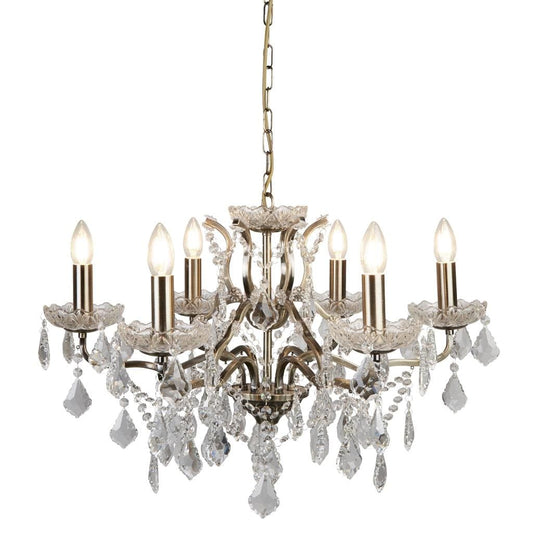 Searchlight Paris  6Lt Chandelier - Antique Brass Metal & Clear Crystal 8736-6AB