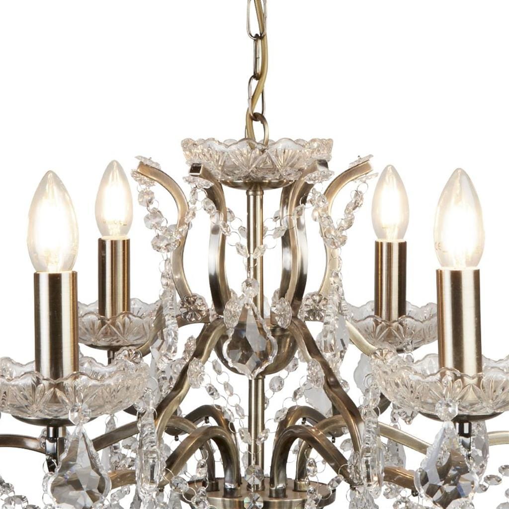 Searchlight Paris  6Lt Chandelier - Antique Brass Metal & Clear Crystal 8736-6AB