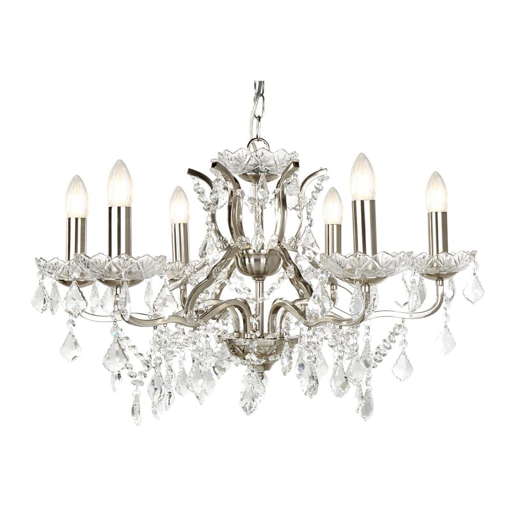 Searchlight Paris  6Lt Chandelier - Satin Silver Metal & Clear Crystal 8736-6SS