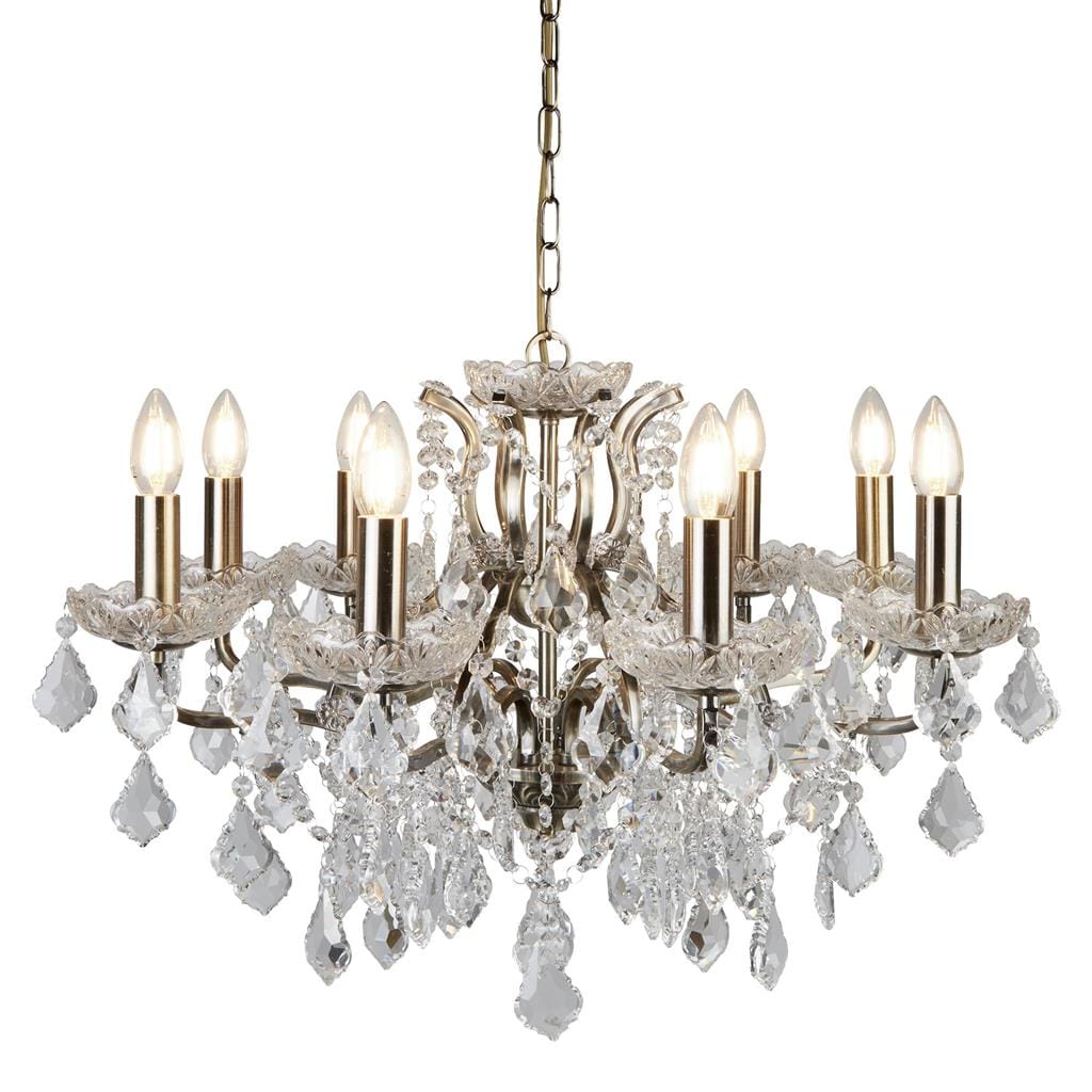 Searchlight Paris  8Lt Chandelier - Antique Brass Metal & Clear Crystal 8738-8AB