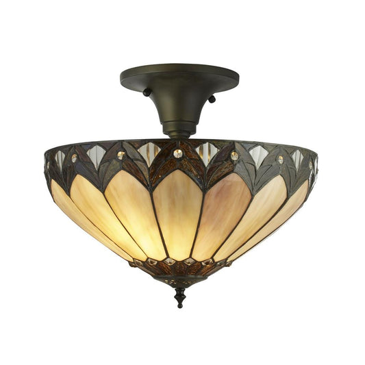 Searchlight Pearl Semi-Flush-Antique Brass & Stained Glass 6701-40