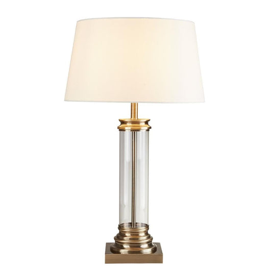 Searchlight Pedestal Table Lamp - Antique Brass, Glass & Cream Fabric 5141AB