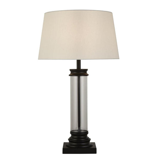 Searchlight Pedestal Table Lamp- Black Metal, Glass & White Fabric Shade 5141BK