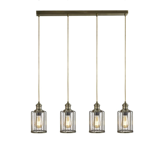 Searchlight Pipes  4Lt Bar Pendant - Antique Brass Metal & Seeded Glass 1164-4AB