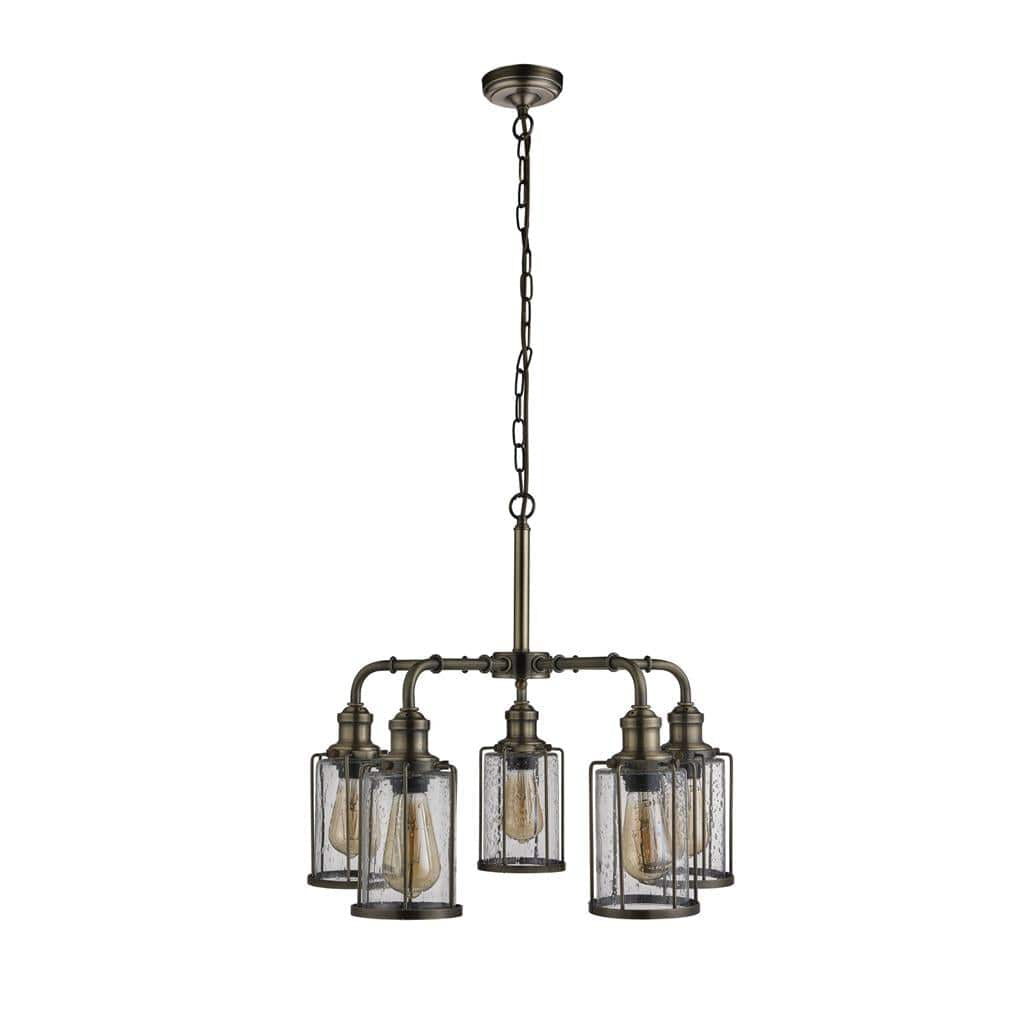 Searchlight Pipes  5Lt Pendant - Antique Brass Metal & Seeded Glass 1265-5AB