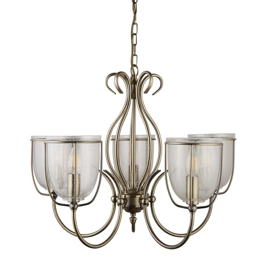 Searchlight Silhouette 5Lt Pendant - Antique Brass Metal & Seeded Glass 6355-5AB