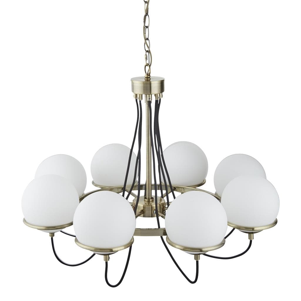 Searchlight Sphere  8Lt Pendant - Antique Brass Metal & Opal Glass 7098-8AB