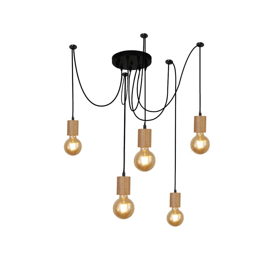 Searchlight Spinny 5Lt Pendant - Wood & Matt Black Metal 50213-5NA