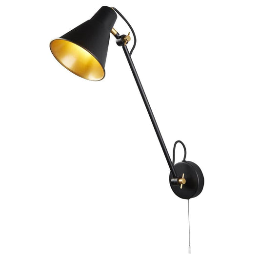 Searchlight Swing Arm  Wall Light  - Matt Black & Gold Metal 6302BK