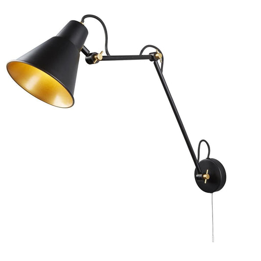 Searchlight Swing Arm  Wall Light  - Matt Black & Gold Metal 7403BK