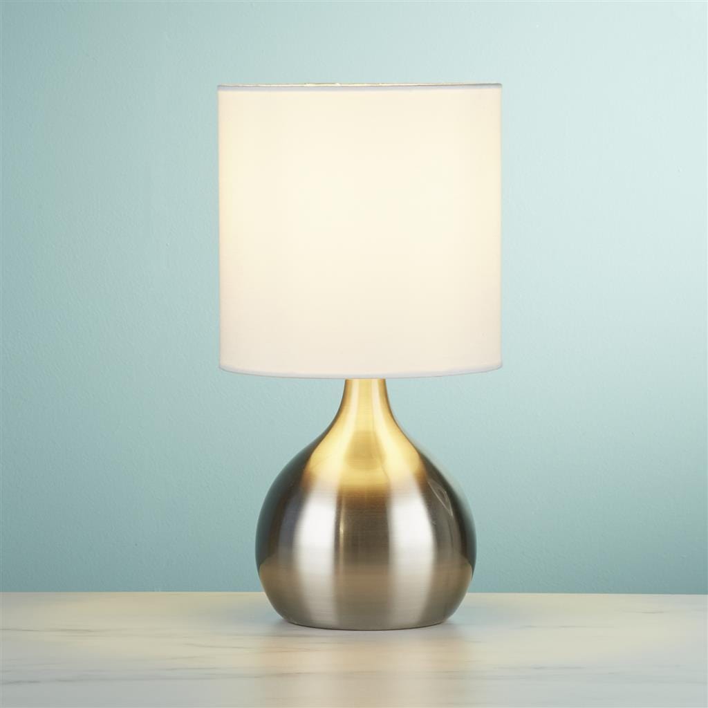 Searchlight Touch Table Lamp - Satin Silver Metal & Ivory Fabric Shade 3923SS