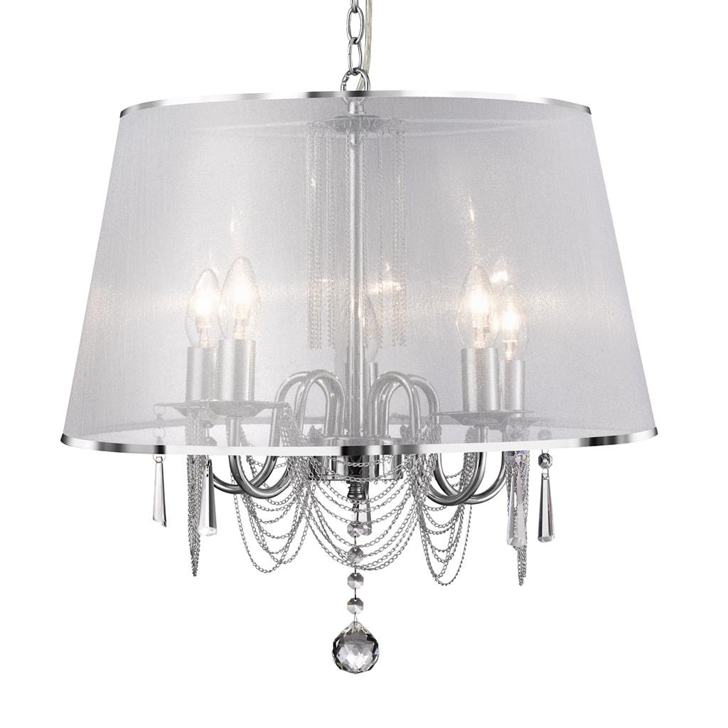 Searchlight Venetian 5Lt Pendant  -  Chrome, Voile Shade & Crystal Glass 1485-5CC