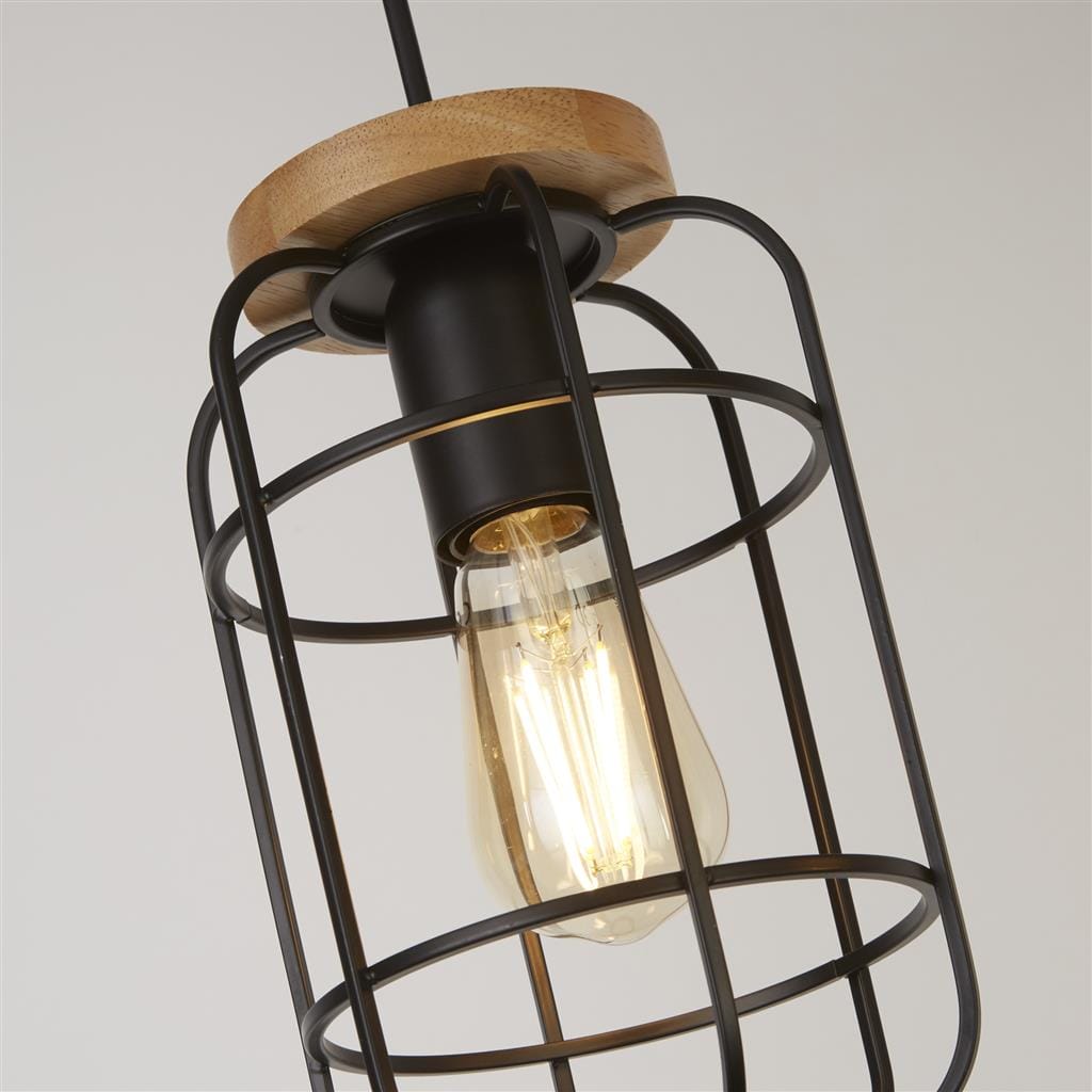 Searchlight Vision 3Lt Bar Pendant - Matt Black Metal & Wood 81953-3BK