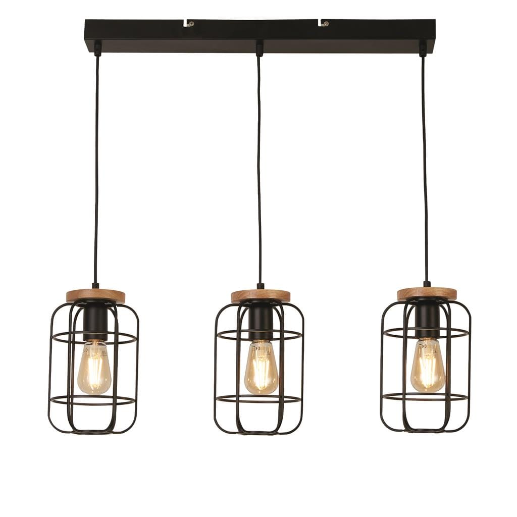 Searchlight Vision 3Lt Bar Pendant - Matt Black Metal & Wood 81953-3BK