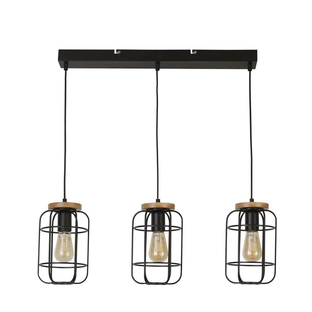 Searchlight Vision 3Lt Bar Pendant - Matt Black Metal & Wood 81953-3BK