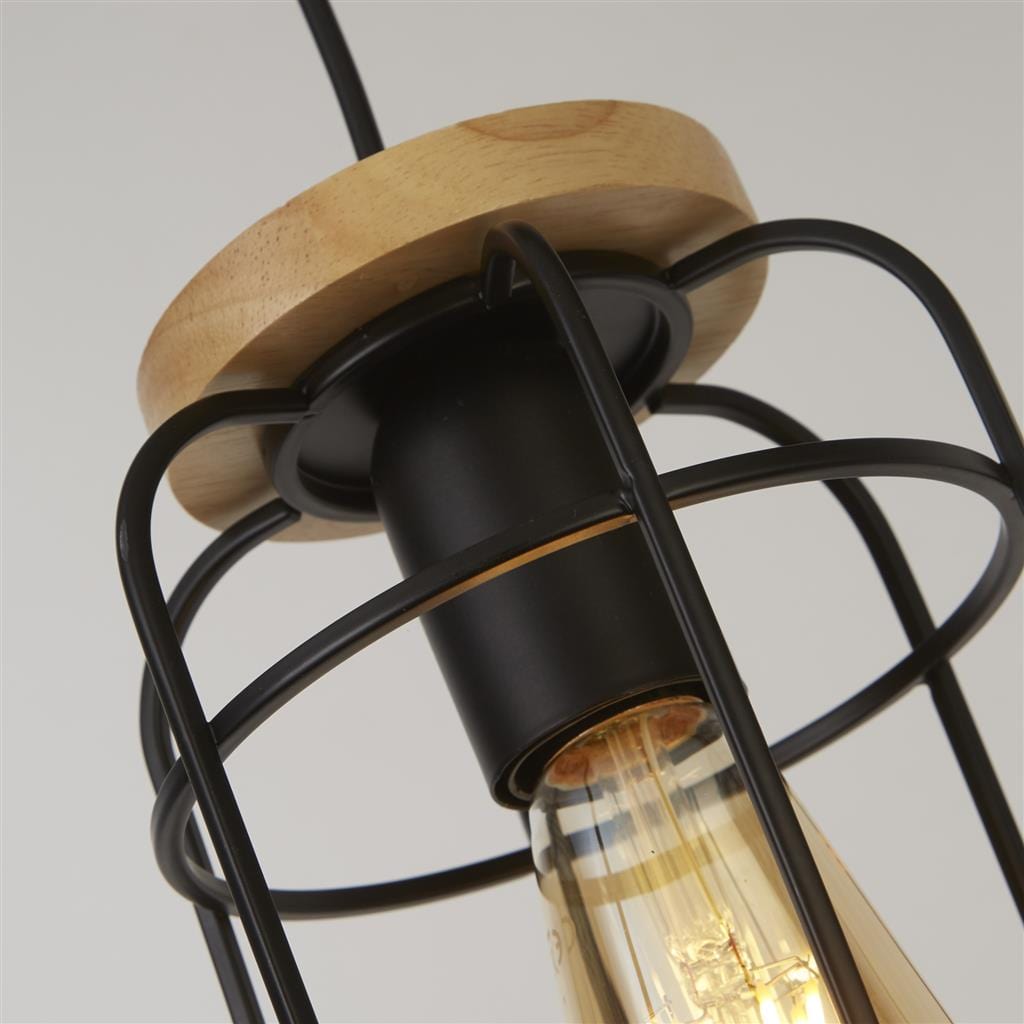 Searchlight Vision Pendant - Matt Black Metal & Wood 81953-1BK